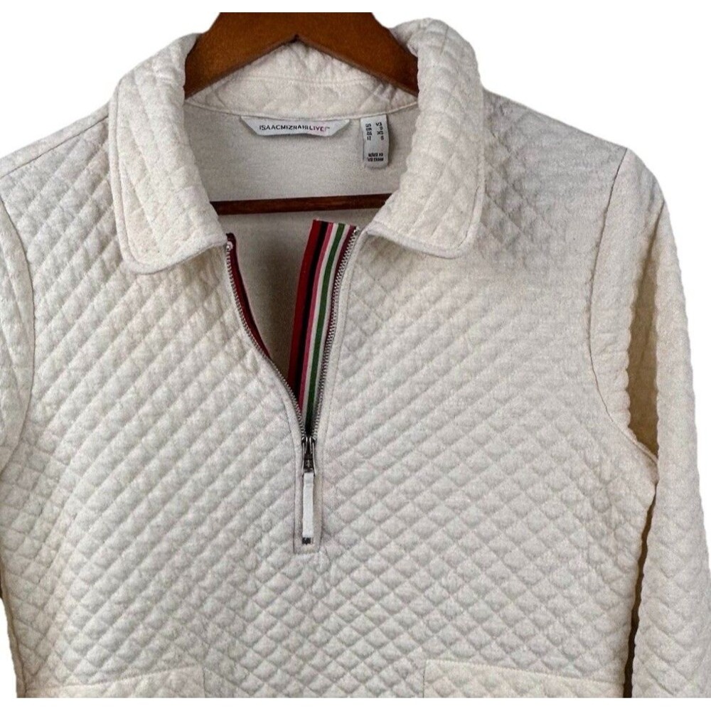 Isaac Mizrahi Live! Quilted Half-Zip Pullover In Ivory Sz XS Pockets Collar Soft